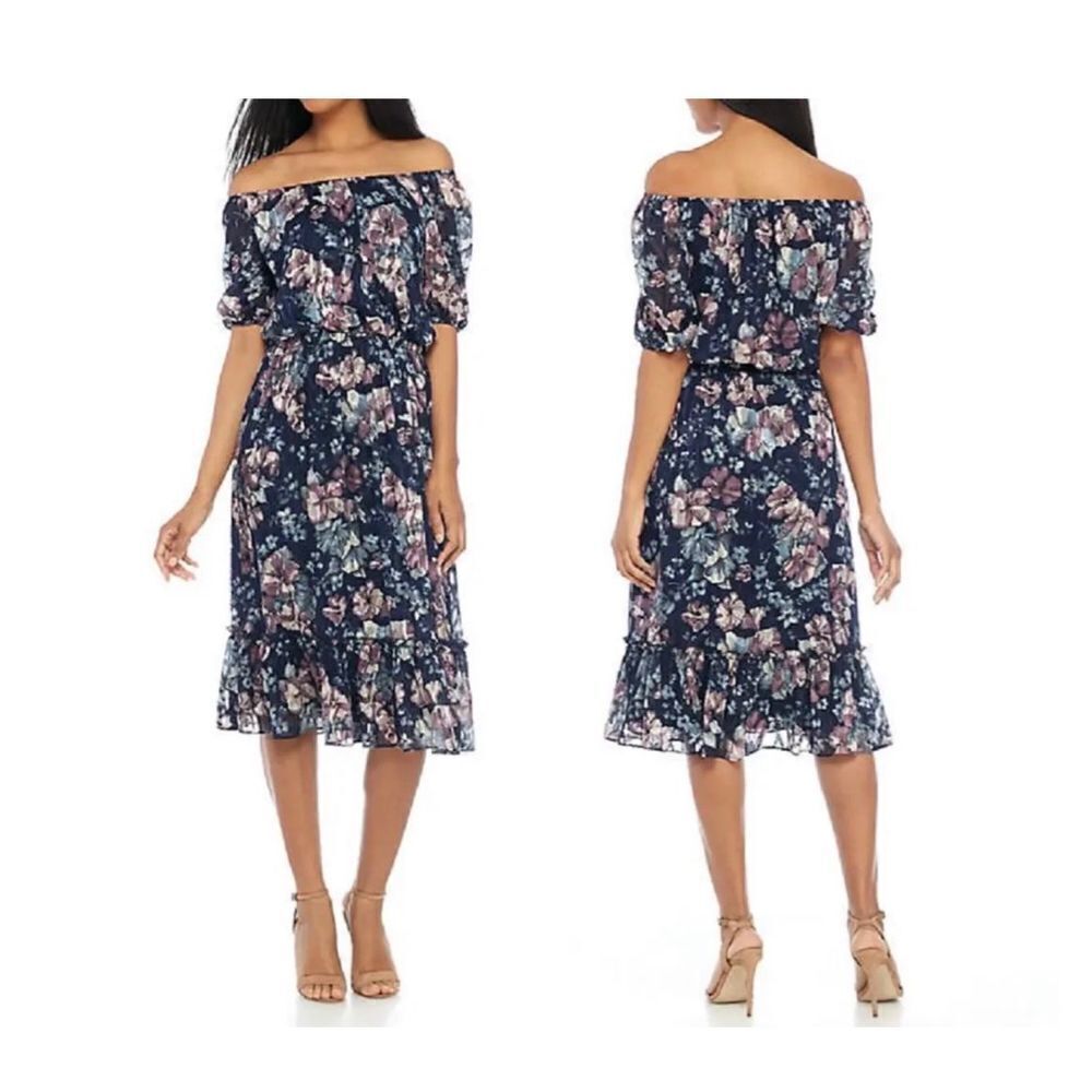Adrianna Papell Womens Off Shoulder Blouson Burnout Dress Dress Purple Blue Sz 6